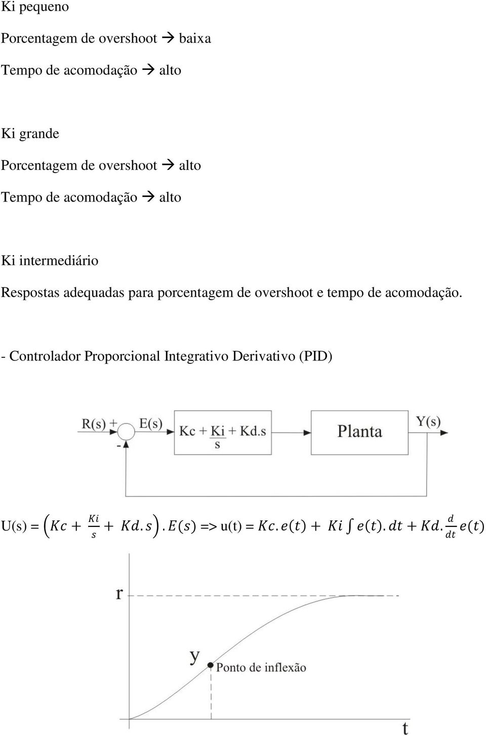 porcentagem de overshoot e tempo de acomodação.