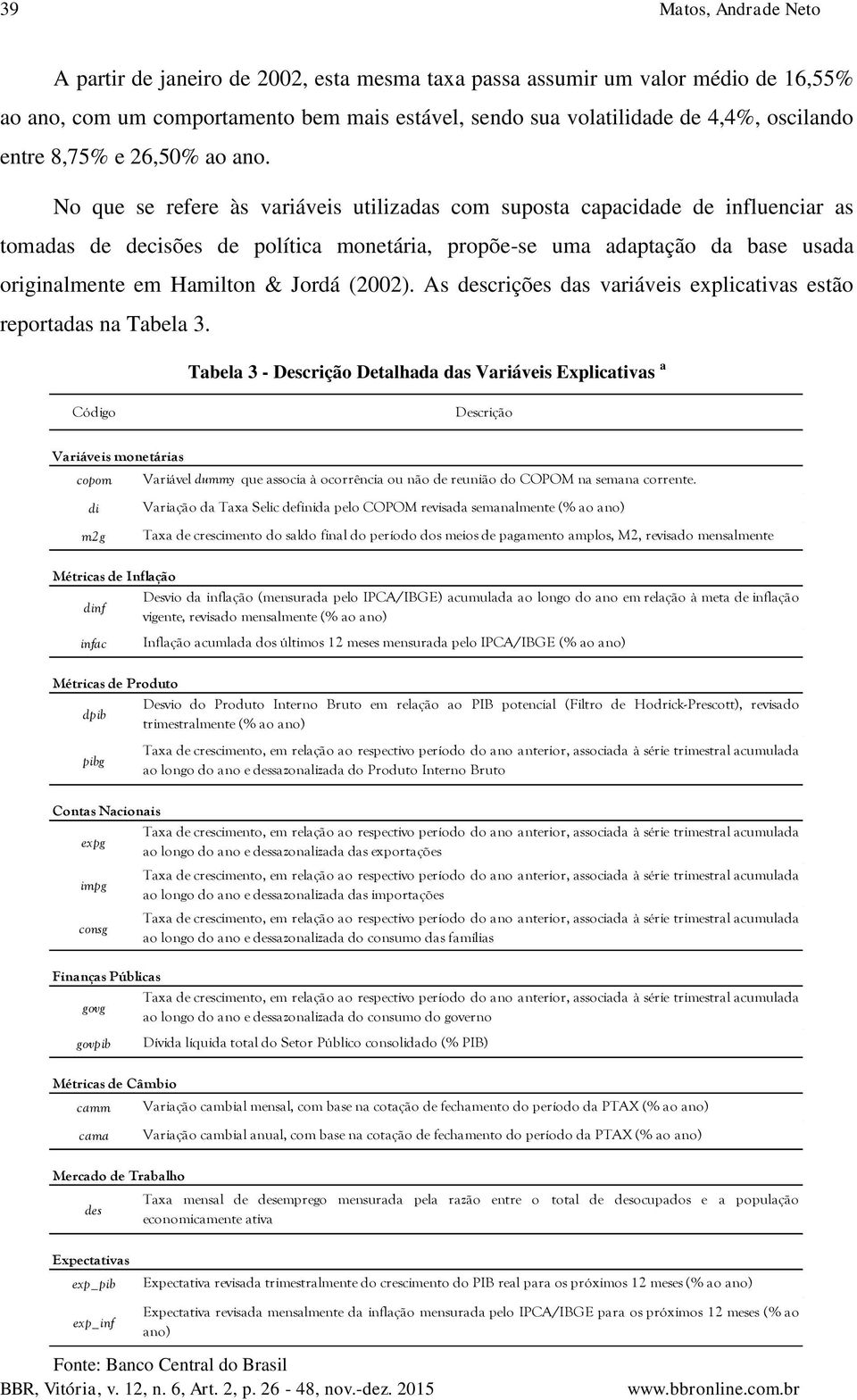 No que se refere às variáveis utilizadas com suposta capacidade de influenciar as tomadas de decisões de política monetária, propõe-se uma adaptação da base usada originalmente em Hamilton & Jordá