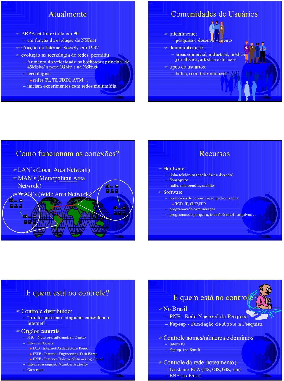 .. iniciam experimentos com redes multimídia inicialmente: pesquisa e desenvolvimento democratização: áreas comercial, industrial, médica, jornalística, artística e de lazer tipos de usuários: todos,