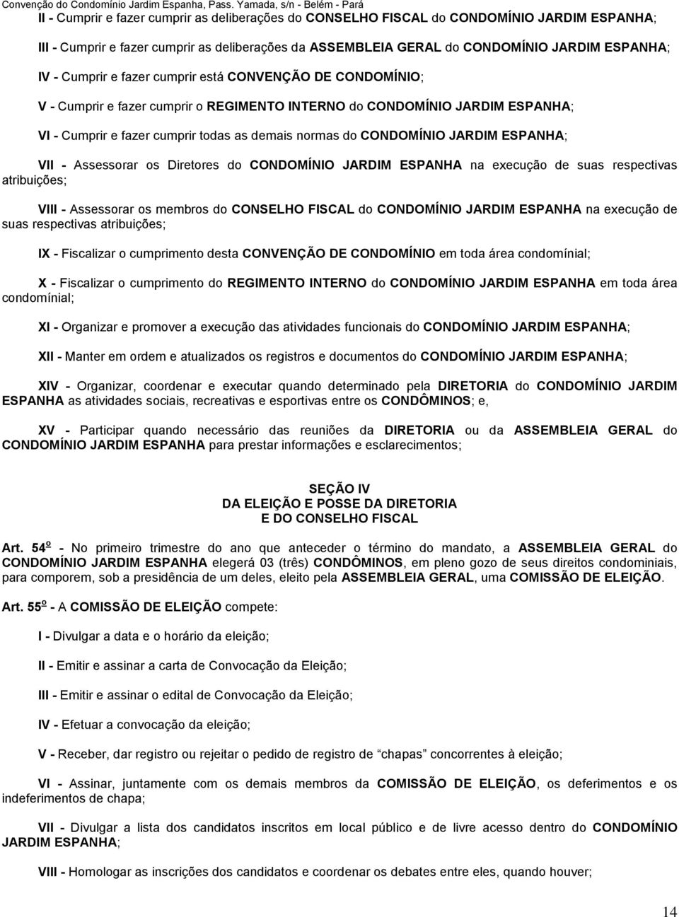 JARDIM ESPANHA; VII - Assessorar os Diretores do CONDOMÍNIO JARDIM ESPANHA na execução de suas respectivas atribuições; VIII - Assessorar os membros do CONSELHO FISCAL do CONDOMÍNIO JARDIM ESPANHA na