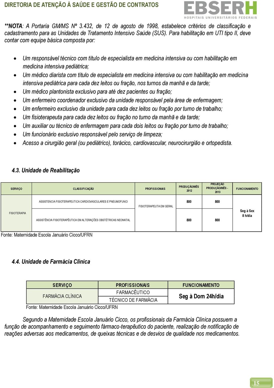 pediátrica; Um médico diarista com título de especialista em medicina intensiva ou com habilitação em medicina intensiva pediátrica para cada dez leitos ou fração, nos turnos da manhã e da tarde; Um