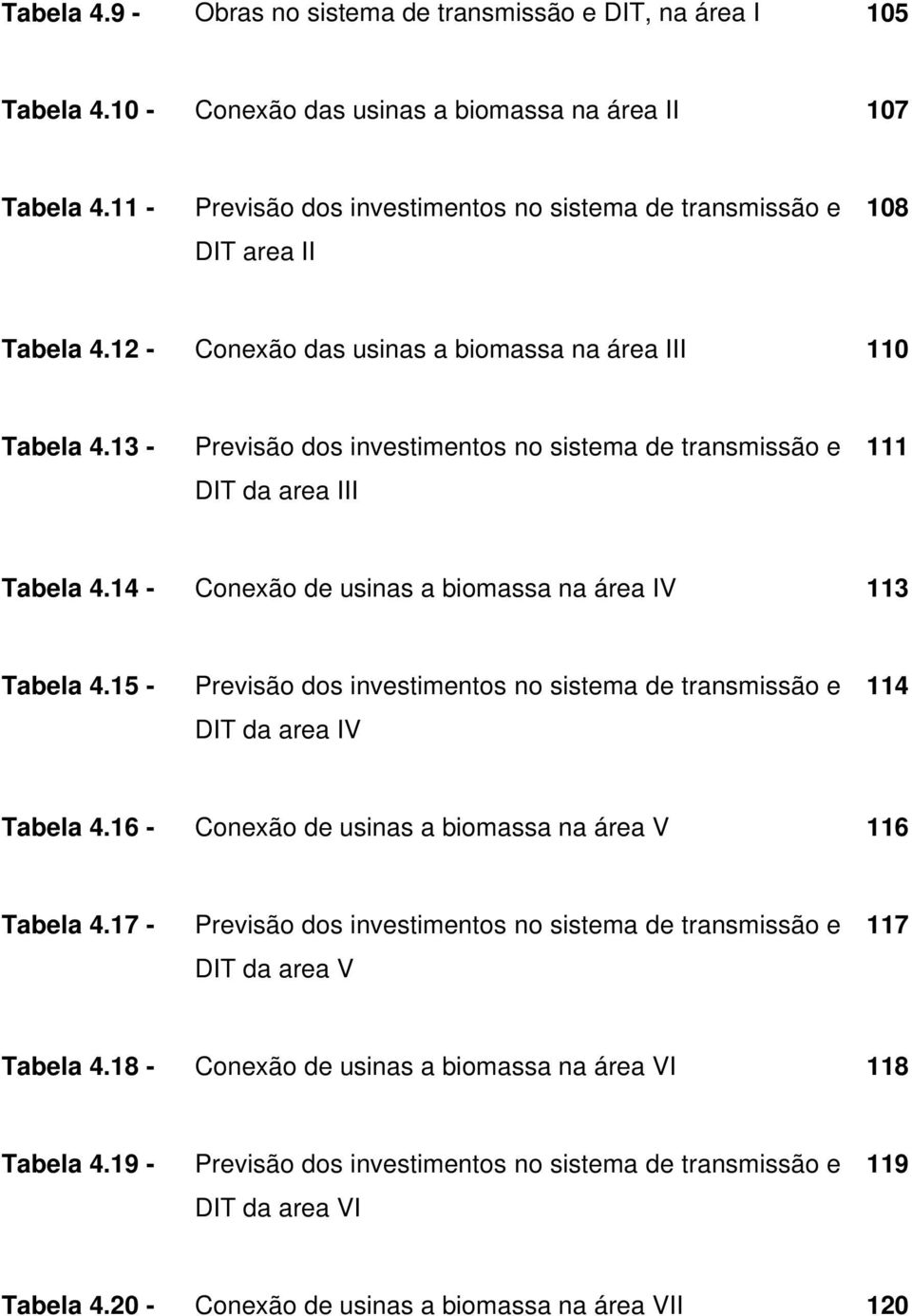 13 - Previsão dos investimentos no sistema de transmissão e DIT da area III 111 Tabela 4.14 - Conexão de usinas a biomassa na área IV 113 Tabela 4.