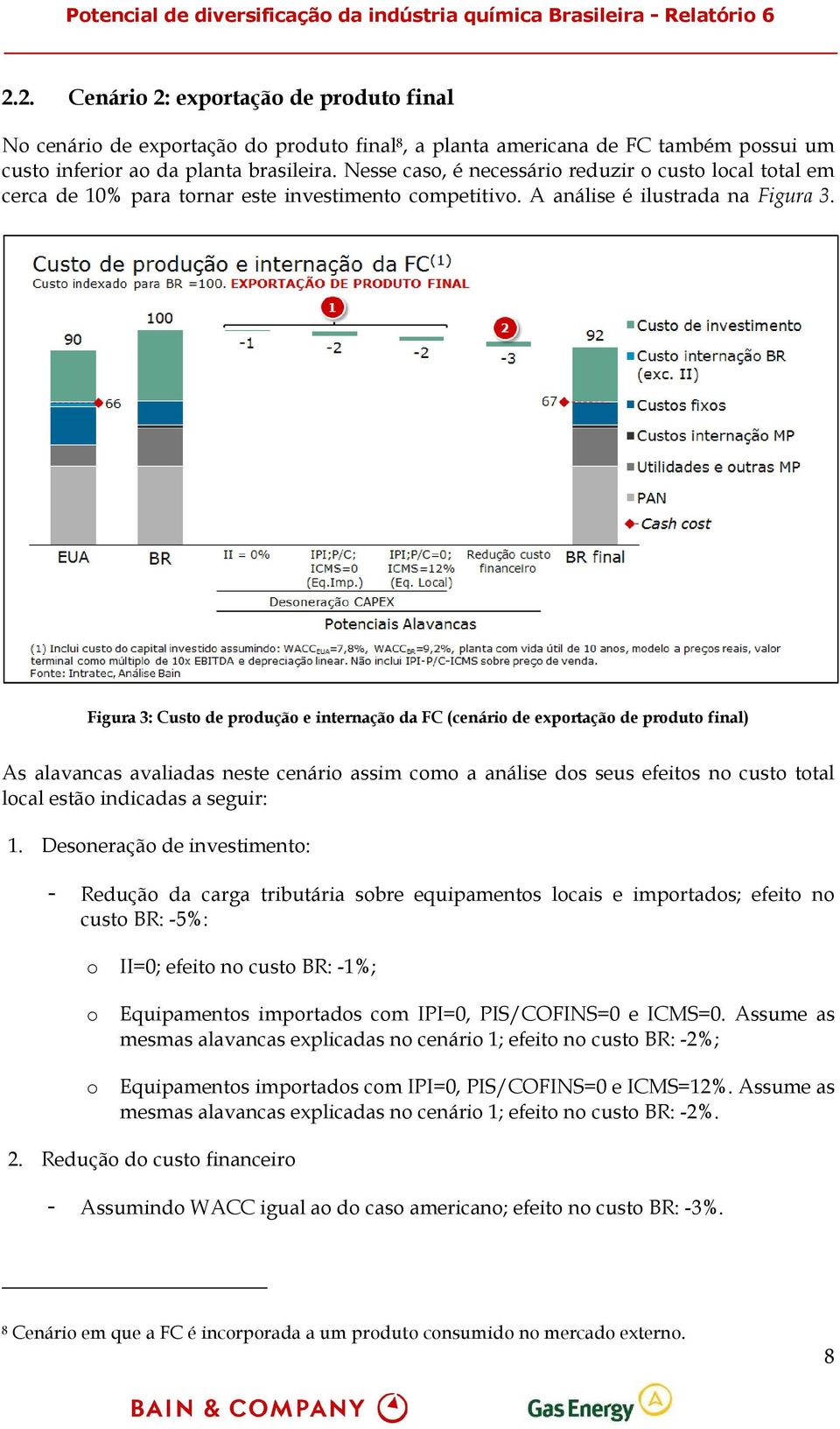 Figura 3: Custo de produção e internação da FC (cenário de exportação de produto final) As alavancas avaliadas neste cenário assim como a análise dos seus efeitos no custo total local estão indicadas