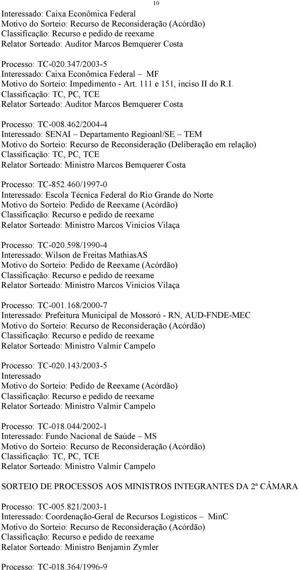 462/2004-4 Interessado: SENAI Departamento Regioanl/SE TEM Motivo do Sorteio: Recurso de Reconsideração (Deliberação em relação) Classificação: TC, PC, TCE Relator Sorteado: Ministro Marcos Bemquerer