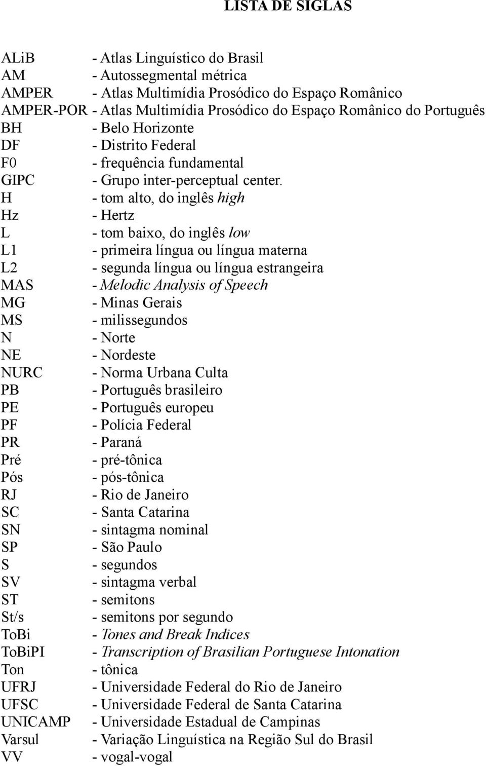 H - tom alto, do inglês high Hz - Hertz L - tom baixo, do inglês low L1 - primeira língua ou língua materna L2 - segunda língua ou língua estrangeira MAS - Melodic Analysis of Speech MG - Minas