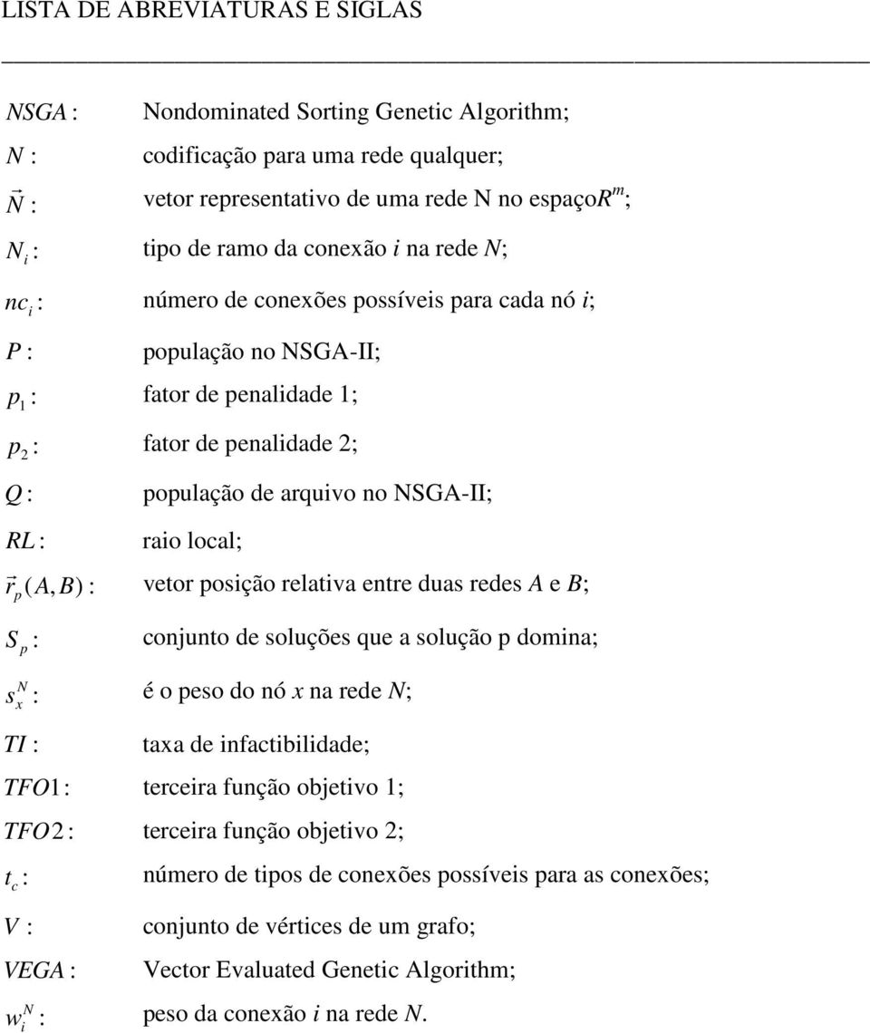 : vetor posção relatva entre duas redes A e B; r p S p : conjunto de soluções que a solução p domna; N s x : é o peso do nó x na rede N; TI : taxa de nfactbldade; TFO 1: tercera função objetvo 1; TFO