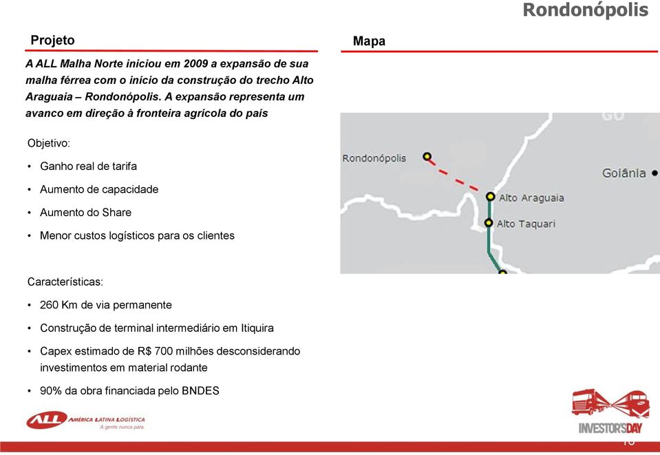 A expansão representa um avanco em direção à fronteira agrícola do país Objetivo: Ganho real de tarifa Aumento de capacidade Aumento do