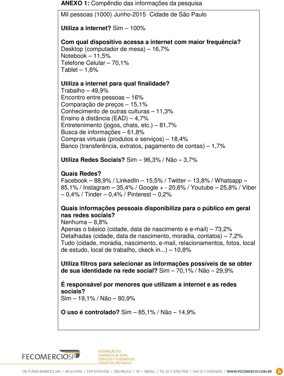 Trabalho 49,9% Encontro entre pessoas 16% Comparação de preços 15,1% Conhecimento de outras culturas 11,3% Ensino à distância (EAD) 4,7% Entretenimento (jogos, chats, etc.