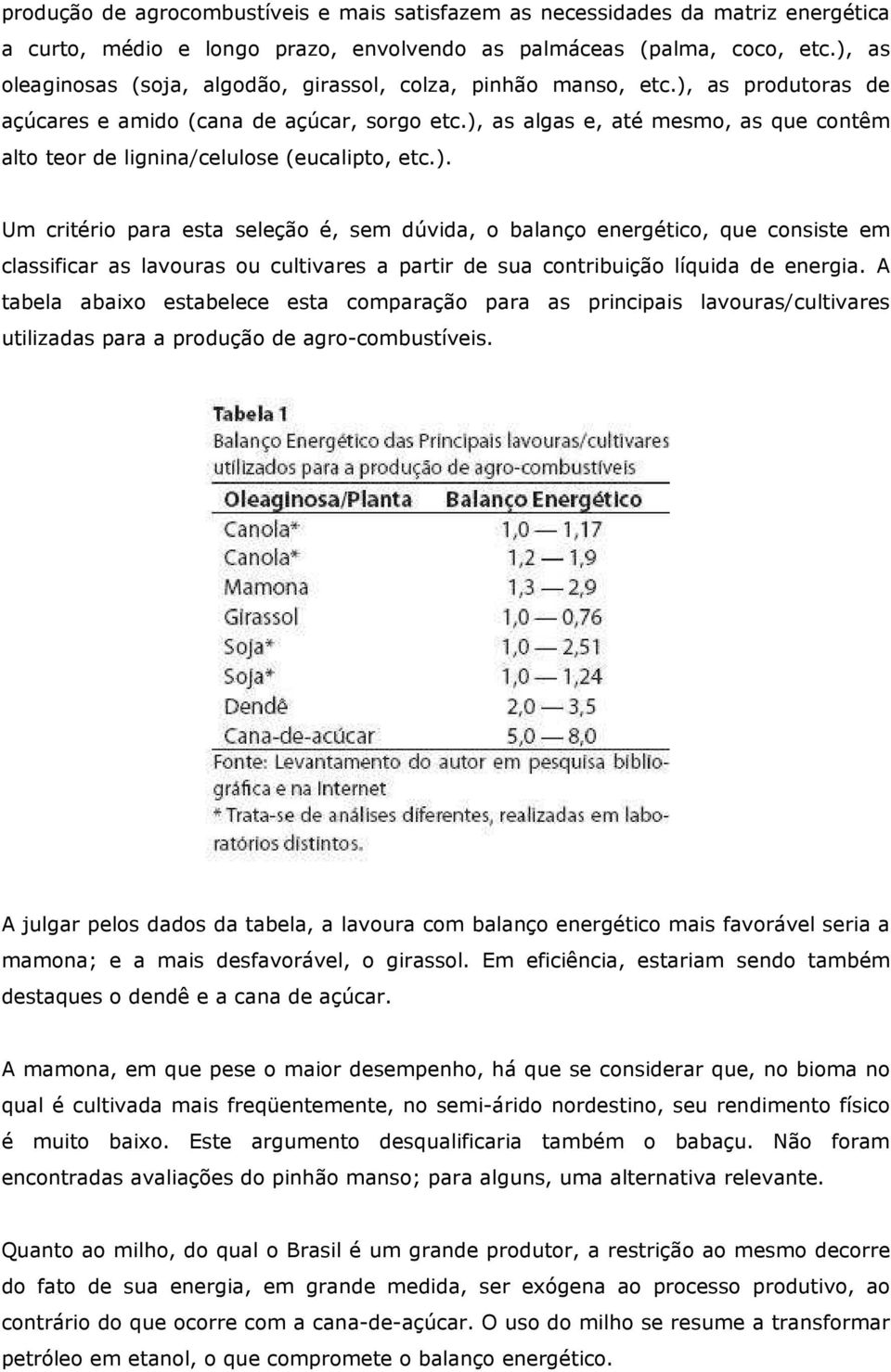 ), as algas e, até mesmo, as que contêm alto teor de lignina/celulose (eucalipto, etc.). Um critério para esta seleção é, sem dúvida, o balanço energético, que consiste em classificar as lavouras ou cultivares a partir de sua contribuição líquida de energia.