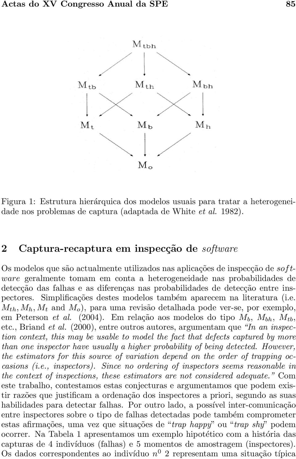 detecção das falhas e as diferenças nas probabilidades de detecção entre inspectores. Simplificações destes modelos também aparecem na literatura (i.e. M th,m h,m t and M o ), para uma revisão detalhada pode ver-se, por exemplo, em Peterson et al.