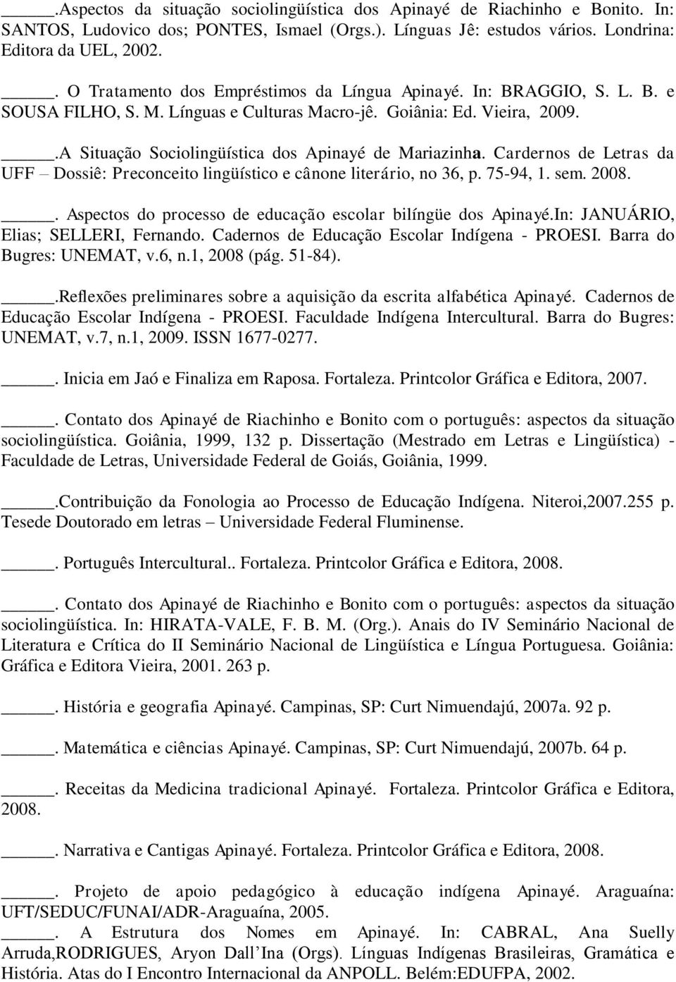 .A Situação Sociolingüística dos Apinayé de Mariazinha. Cardernos de Letras da UFF Dossiê: Preconceito lingüístico e cânone literário, no 36, p. 75-94, 1. sem. 2008.