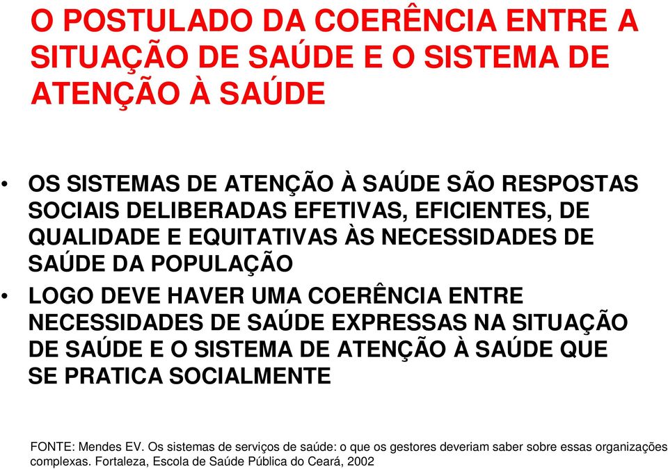 NECESSIDADES DE SAÚDE EXPRESSAS NA SITUAÇÃO DE SAÚDE E O SISTEMA DE ATENÇÃO À SAÚDE QUE SE PRATICA SOCIALMENTE FONTE: Mendes EV.