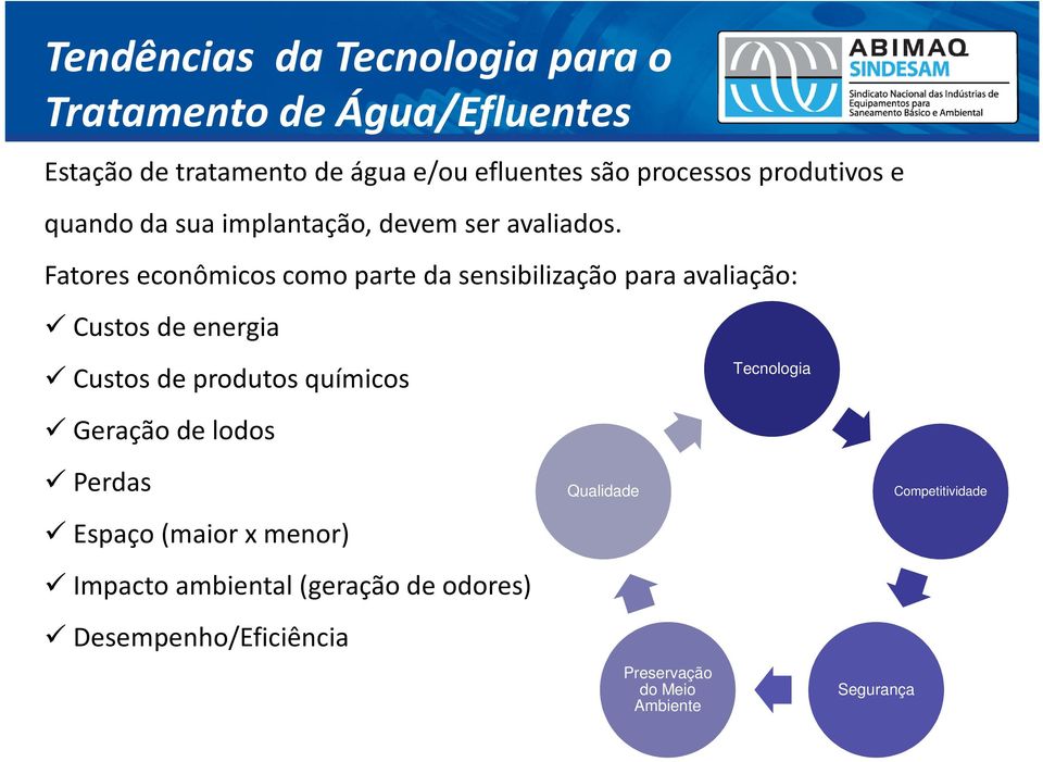 Fatores econômicos como parte da sensibilização para avaliação: Custos de energia Custos de produtos químicos Geração