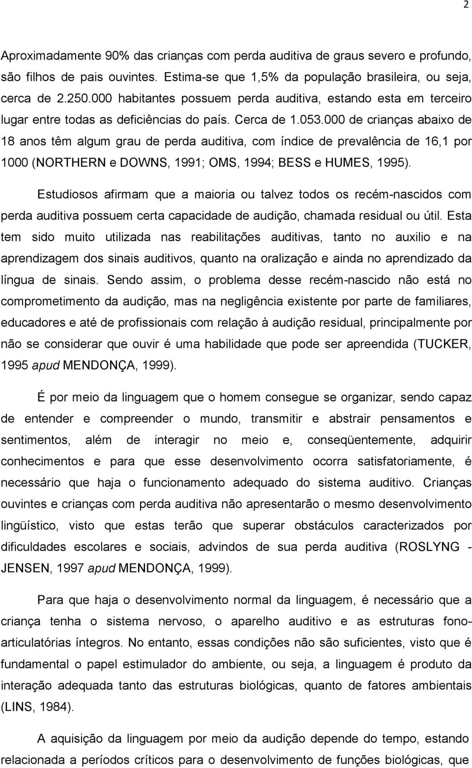 000 de crianças abaixo de 18 anos têm algum grau de perda auditiva, com índice de prevalência de 16,1 por 1000 (NORTHERN e DOWNS, 1991; OMS, 1994; BESS e HUMES, 1995).