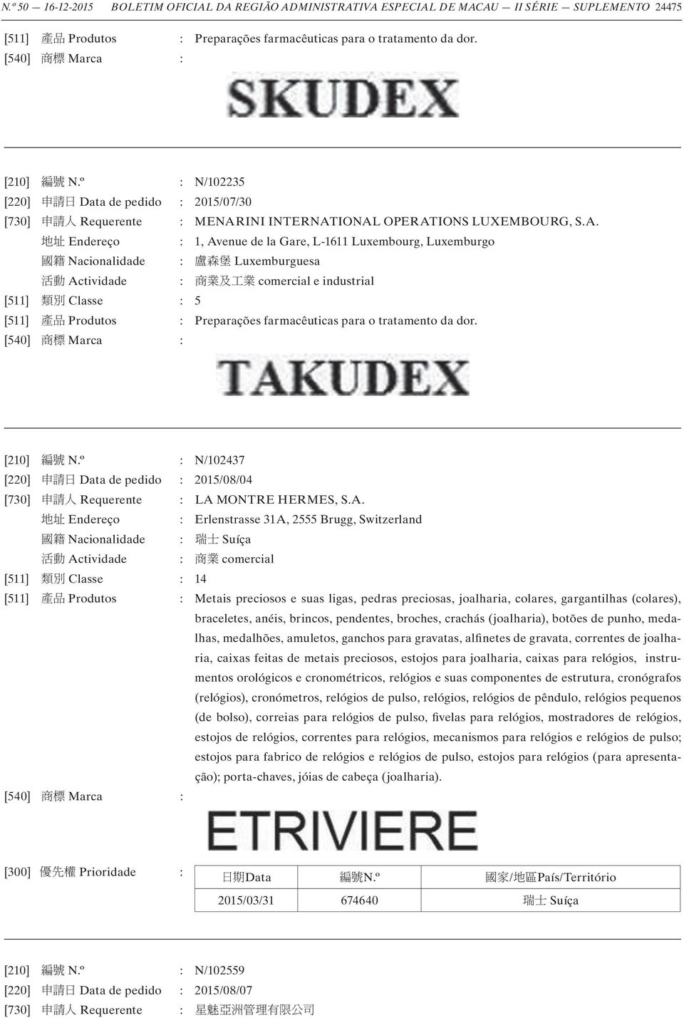 INI INTERNATIONAL OPERATIONS LUXEMBOURG, S.A. : 1, Avenue de la Gare, L-1611 Luxembourg, Luxemburgo Nacionalidade : Luxemburguesa [511] Classe : 5 [511] Produtos : Preparações farmacêuticas para o tratamento da dor.