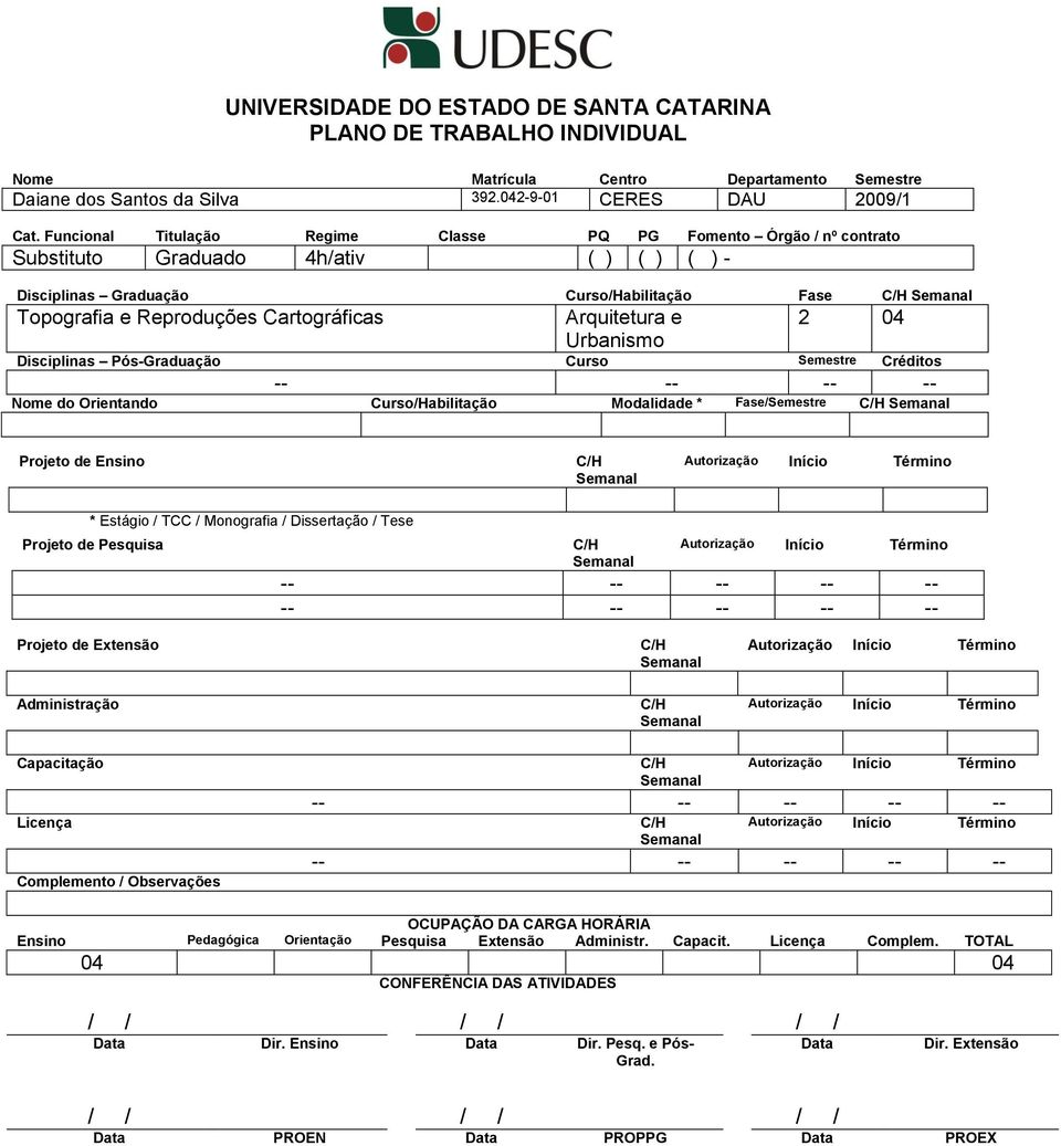 Arquitetura e 2 04 Urbanismo Disciplinas Pós-Graduação Curso Semestre Créditos -- -- -- -- Nome do Orientando Curso/Habilitação Modalidade * Fase/Semestre Projeto de Ensino * Estágio / / Monografia /