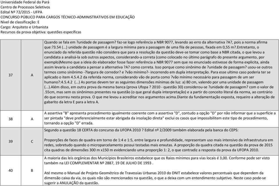 .entretanto, o enunciado da referida questão não considera que para a resolução da questão deve-se tomar como base a NBR citada, o que levou a candidata a analisá-la sob outros aspectos,