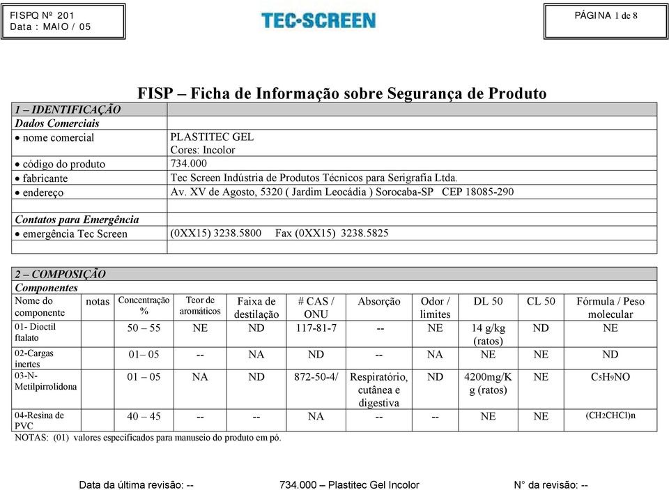 XV de Agosto, 5320 ( Jardim Leocádia ) Sorocaba-SP CEP 18085-290 Contatos para Emergência emergência Tec Screen (0XX15) 3238.5800 Fax (0XX15) 3238.