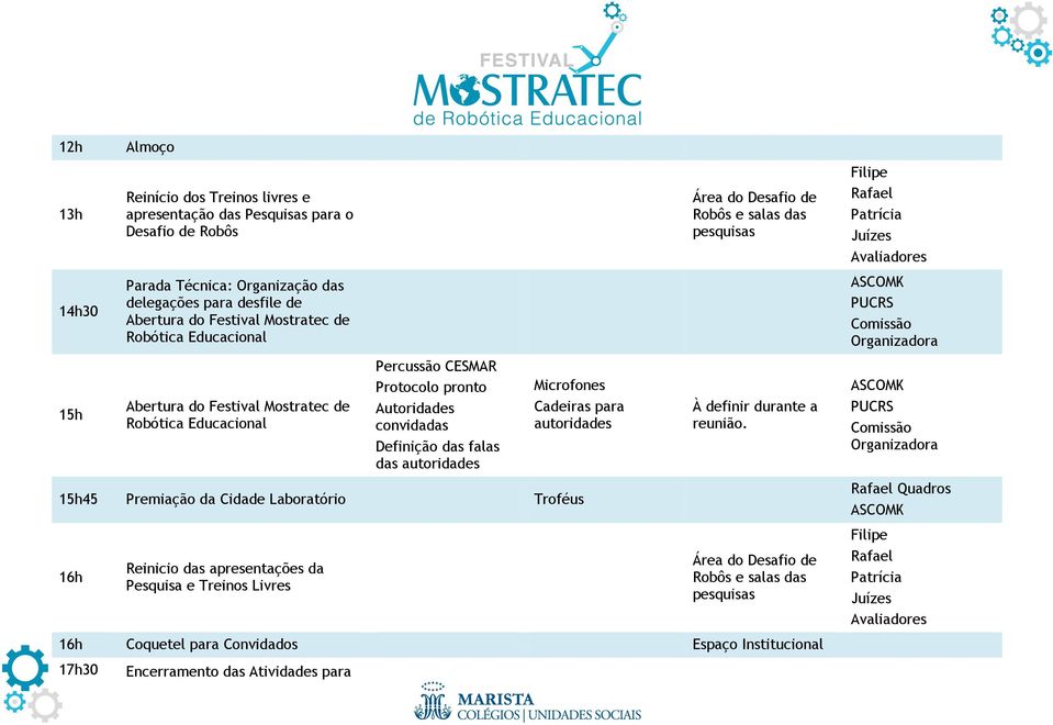 Microfones Cadeiras para autoridades 15h45 Premiação da Cidade Laboratório Troféus 16h Reinicio das apresentações da Pesquisa e Treinos Livres Robôs e salas das