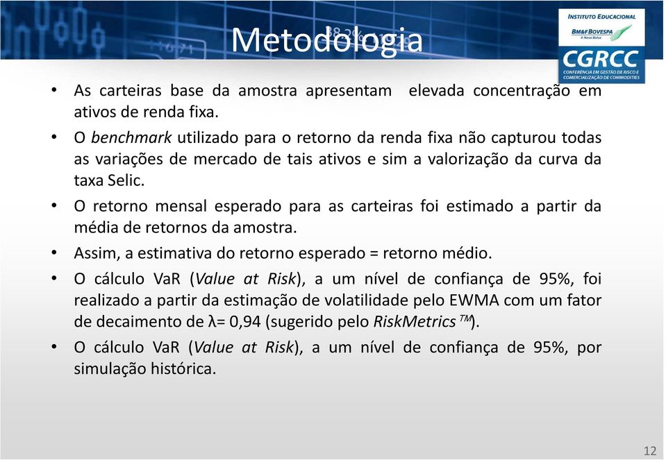 O retorno mensal esperado para as carteiras foi estimado a partir da médiaderetornos daamostra. Assim, a estimativa do retorno esperado = retorno médio.