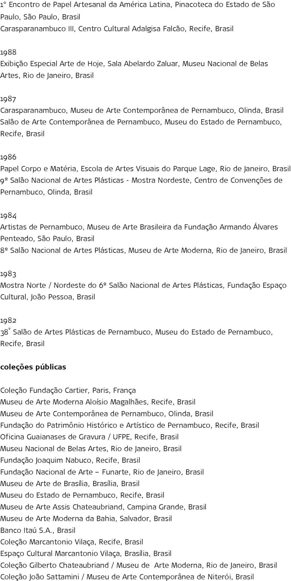 Pernambuco, Museu do Estado de Pernambuco, Recife, Brasil 1986 Papel Corpo e Matéria, Escola de Artes Visuais do Parque Lage, Rio de Janeiro, Brasil 9º Salão Nacional de Artes Plásticas - Mostra