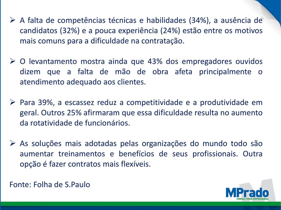 Para 39%, a escassez reduz a competitividade e a produtividade em geral. Outros 25% afirmaram que essa dificuldade resulta no aumento da rotatividade de funcionários.