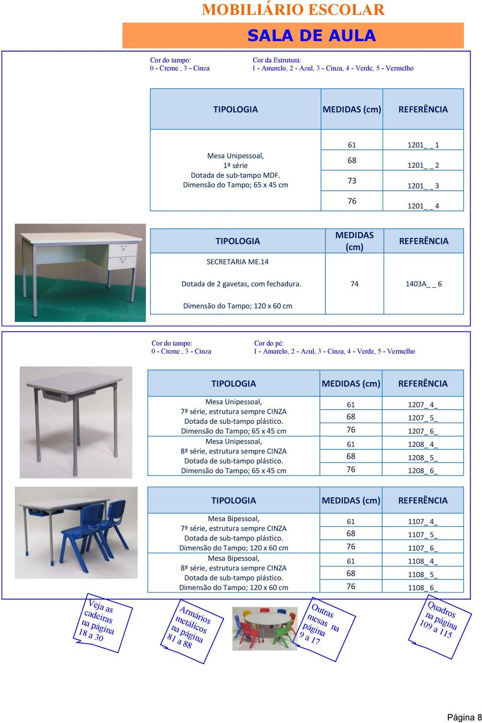 74 1403A 6 Dimensão do Tampo; 120 x 60 cm Cor do tampo: Cor do pé: 0 - Creme, 3 - Cinza 1 - Amarelo, 2 - Azul, 3 - Cinza, 4 - Verde, 5 - Vermelho Mesa Unipessoal, 7ª série, estrutura sempre CINZA