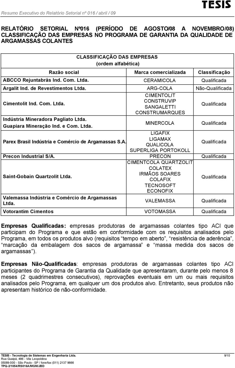 Guapiara Mineração Ind. e Com. Ltda. CIMENTOLIT CONSTRUVIP SANGALETTI CONSTRUMARQUES MINERCOLA Qualificada Qualificada Parex Brasil Indústria e Comércio de Argamassas S.A. LIGAFIX LIGAMAX QUALICOLA Qualificada SUPERLIGA PORTOKOLL Precon Industrial S/A.