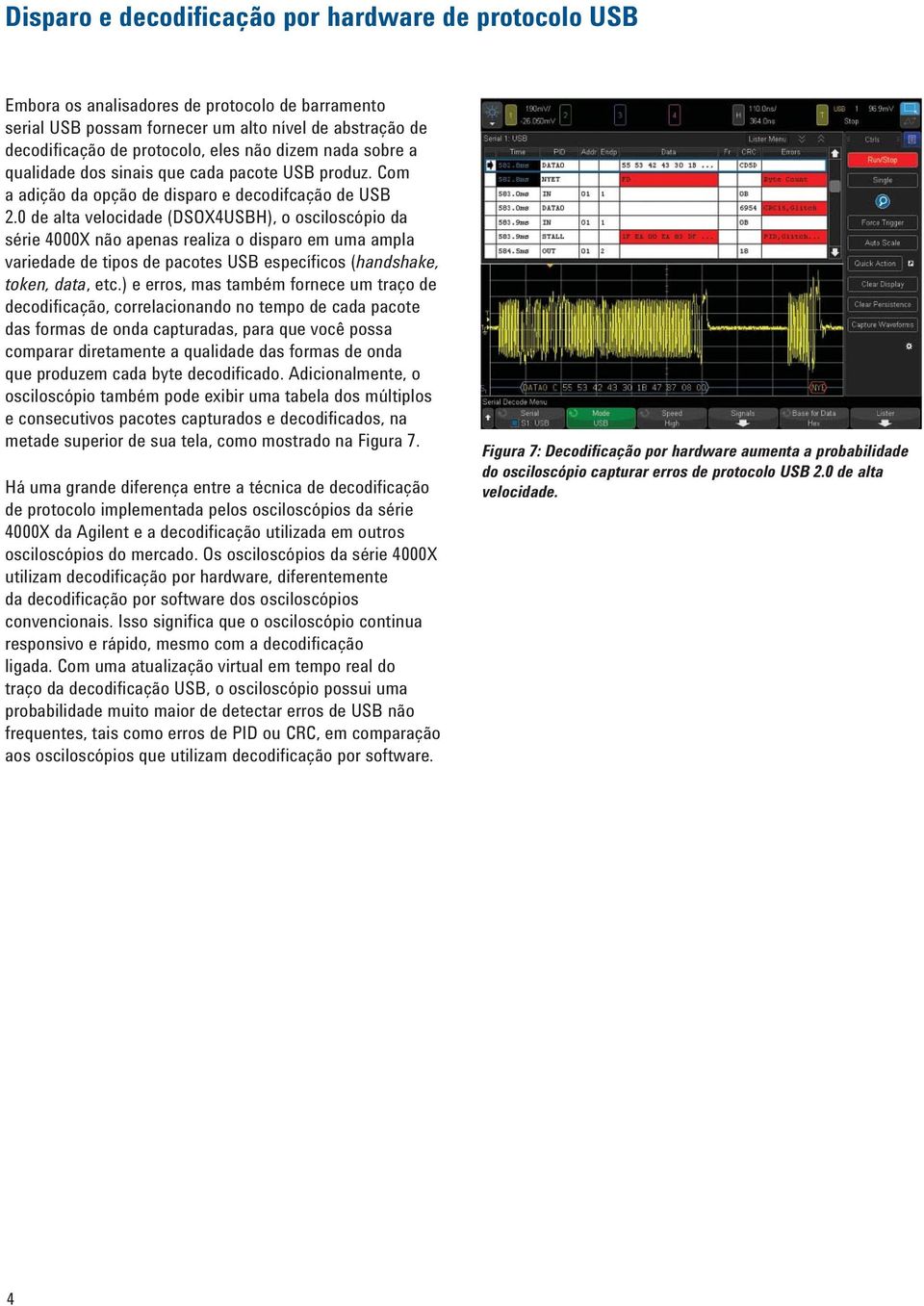 0 de alta velocidade (DSOX4USBH), o osciloscópio da série 4000X não apenas realiza o disparo em uma ampla variedade de tipos de pacotes USB específicos (handshake, token, data, etc.