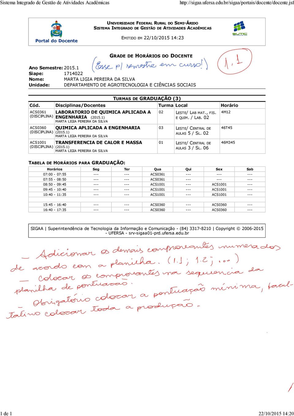 Ano Semestre: 2015.1 Siape: 1714022 Nome: MARTA LIGIA PEREIRA DA SILVA Unidade: DEPARTAMENTO DE AGROTECNOLOGIA E CIÊNCIAS SOCIAIS TURMAS DE (3) Cód.