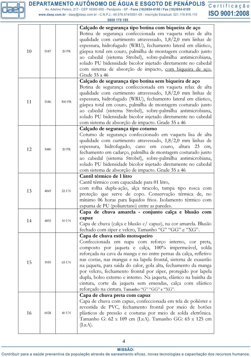 cabedal (sistema Strobel), sobre-palmilha antimicrobiana, solado PU bidensidade bicolor injetado diretamente no cabedal com sistema de absorção de impacto, com biqueira de aço.