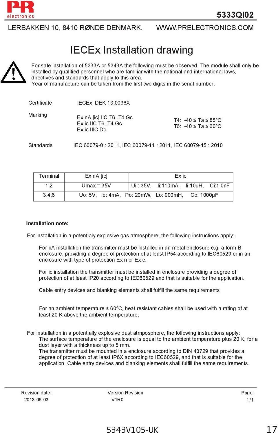 Year of manufacture can be taken from the first two digits in the serial number. Certificate IECEx DEK 13.0036X Marking Ex na [ic] IIC T6..T4 Gc Ex ic IIC T6.