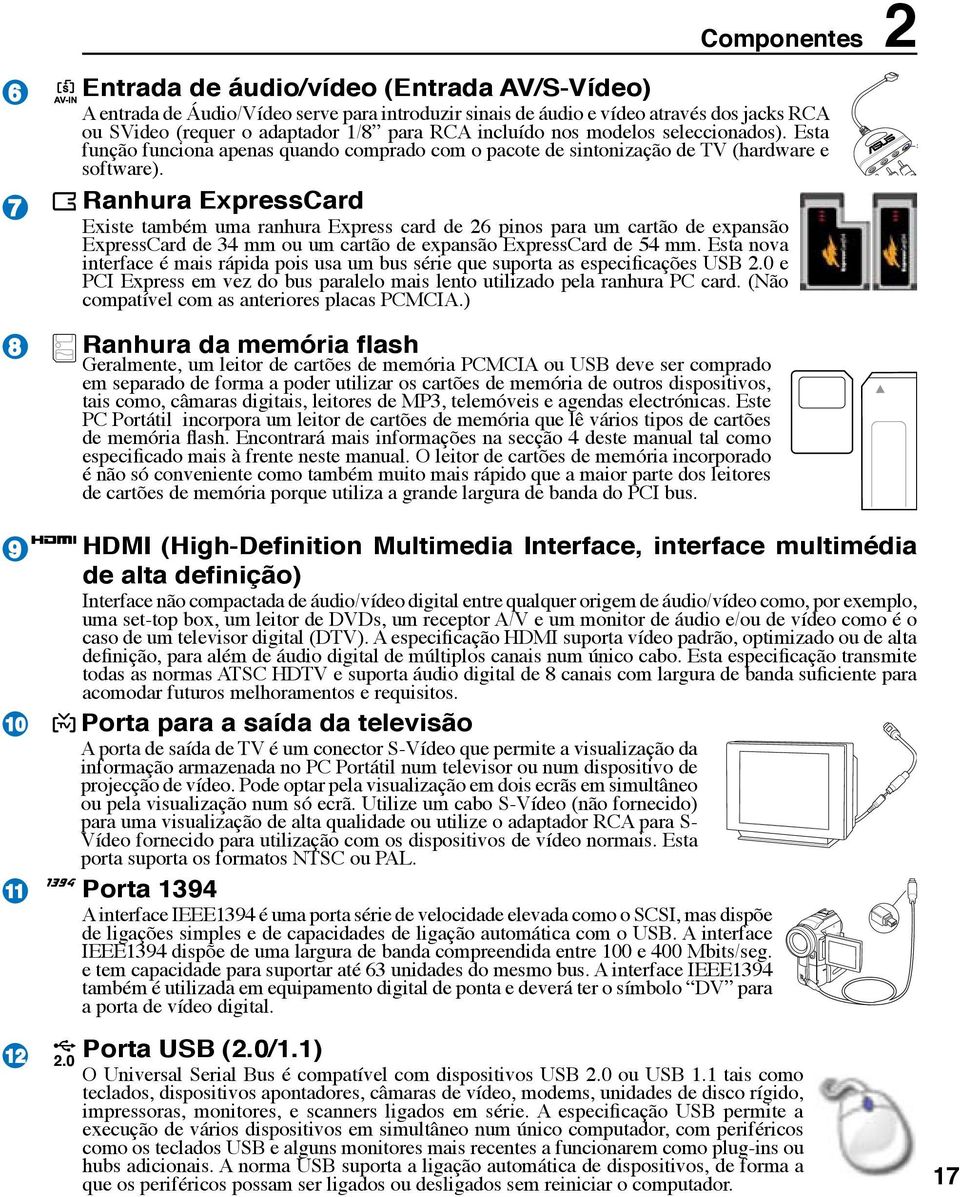 Ranhura ExpressCard Existe também uma ranhura Express card de 26 pinos para um cartão de expansão ExpressCard de 34 mm ou um cartão de expansão ExpressCard de 54 mm.