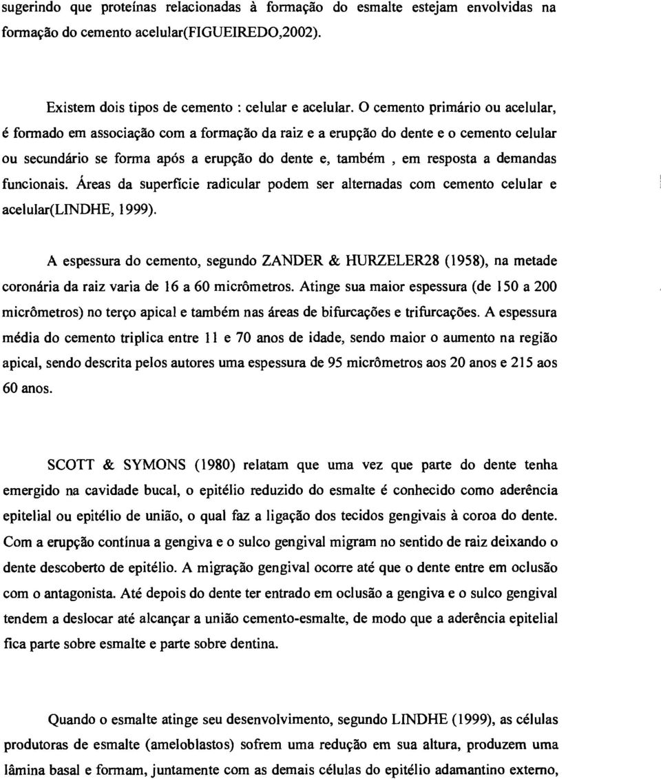 demandas funcionais. Áreas da superfície radicular podem ser alternadas com cemento celular e acelular(lindhe, 1999).