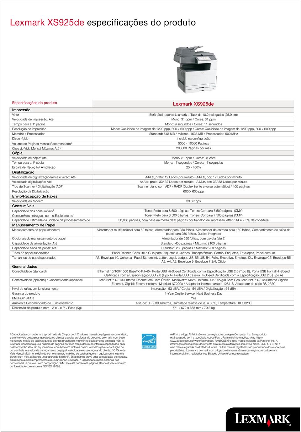 ppp, 600 x 600 ppp Memória / Processador Standard: 512 MB / Máximo: 1536 MB / Processador: 900 MHz Disco rígido Incluído na configuração Volume de Páginas Mensal Recomendado 2 5000-10000 Páginas