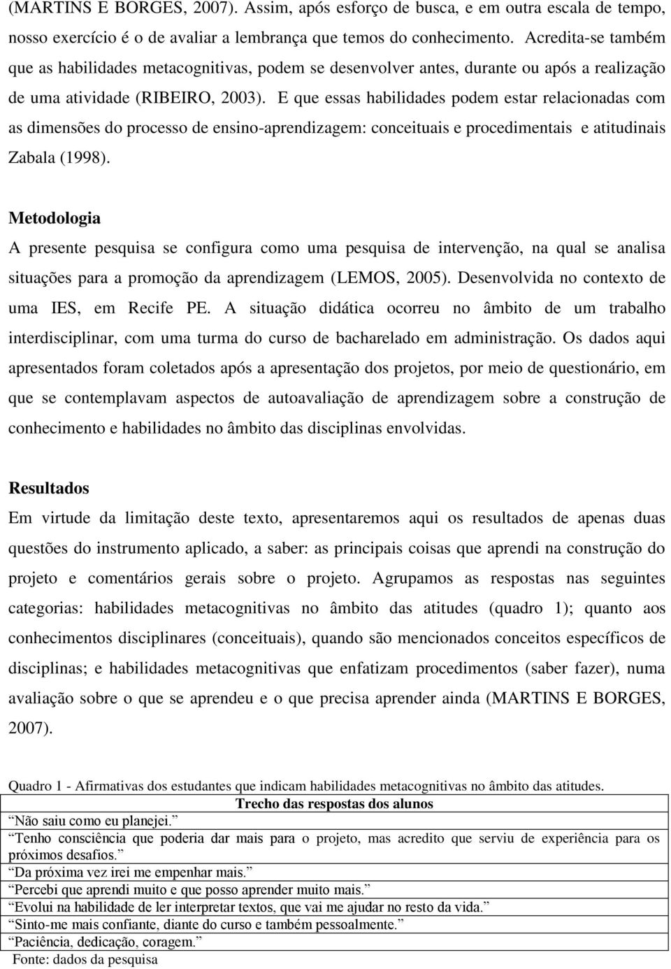 E que essas habilidades podem estar relacionadas com as dimensões do processo de ensino-aprendizagem: conceituais e procedimentais e atitudinais Zabala (1998).