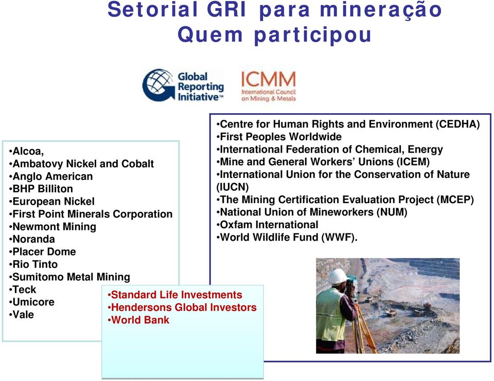 Rights and Environment (CEDHA) First Peoples Worldwide International Federation of Chemical, Energy Mine and General Workers Unions (ICEM) International Union for