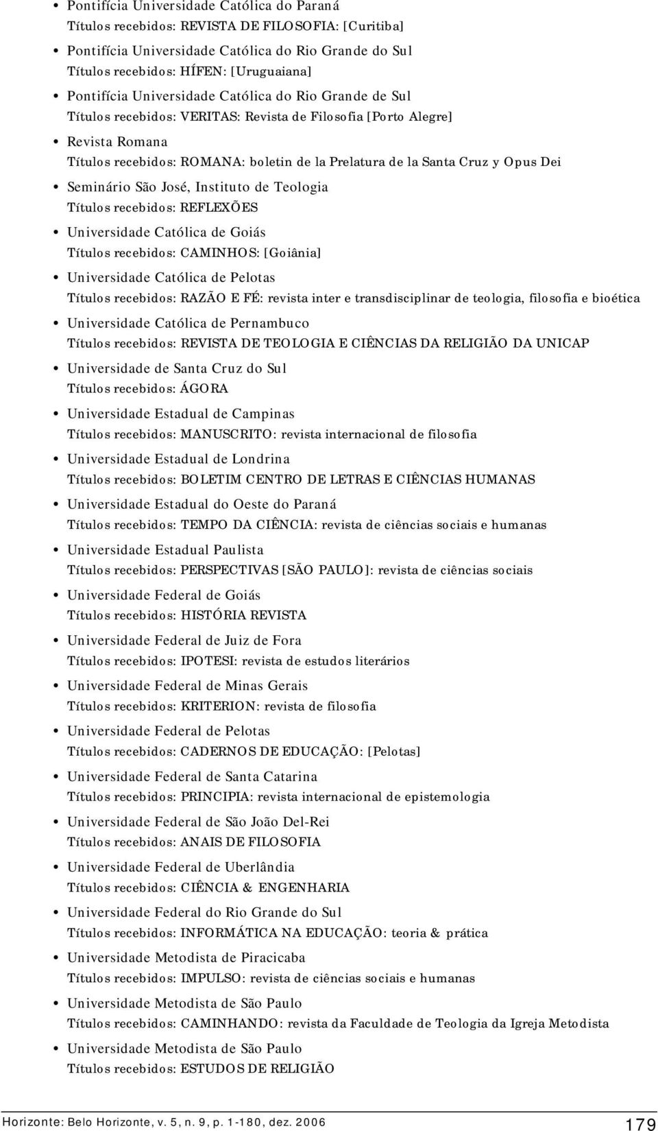 Dei Seminário São José, Instituto de Teologia Títulos recebidos: REFLEXÕES Universidade Católica de Goiás Títulos recebidos: CAMINHOS: [Goiânia] Universidade Católica de Pelotas Títulos recebidos: