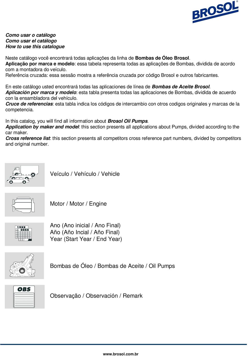 Referência cruzada: essa sessão mostra a referência cruzada por código Brosol e outros fabricantes. En este catálogo usted encontrará todas las aplicaciones de línea de Bombas de Aceite Brosol.