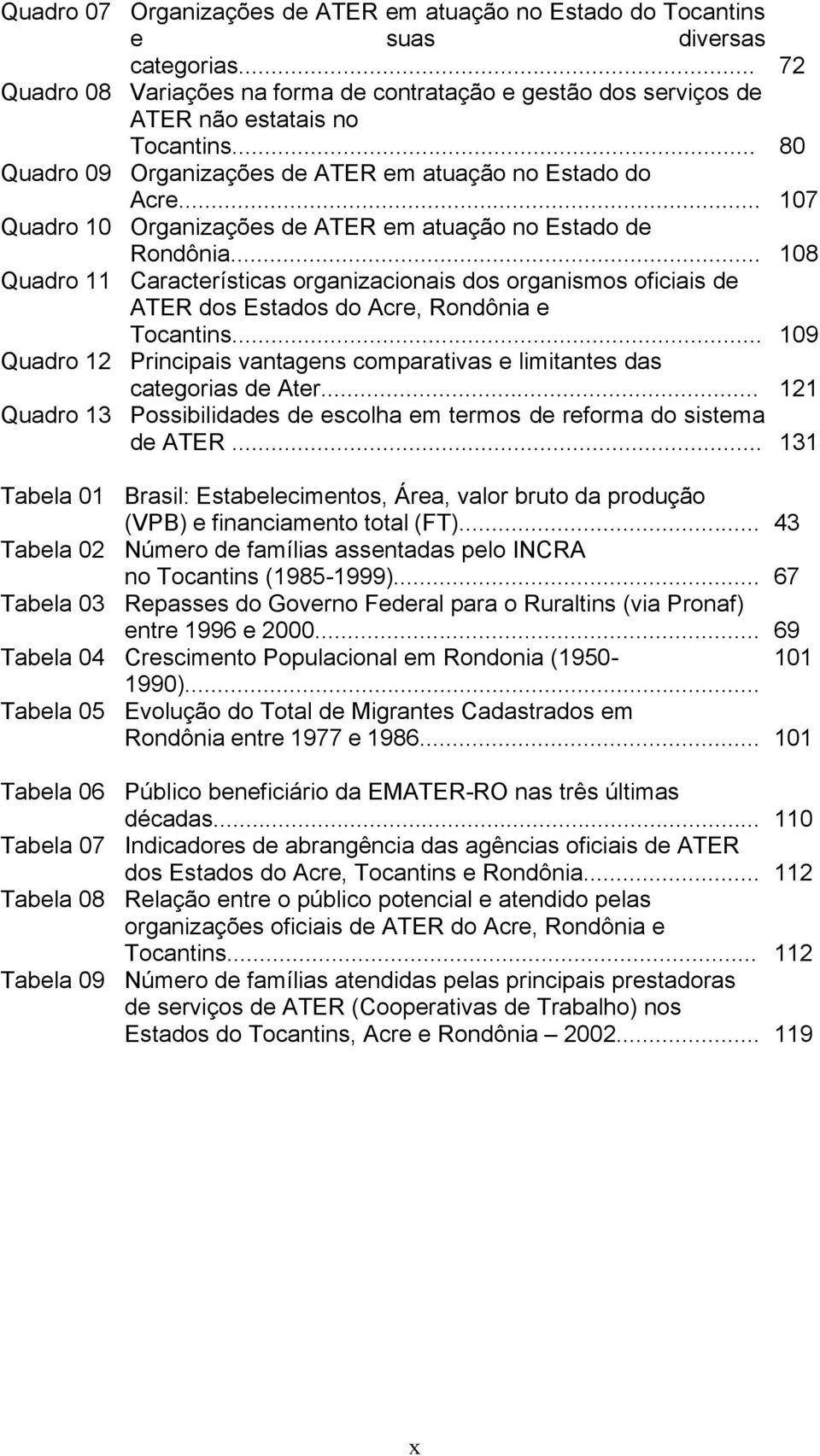 .. 108 Quadro 11 Características organizacionais dos organismos oficiais de ATER dos Estados do Acre, Rondônia e Tocantins.