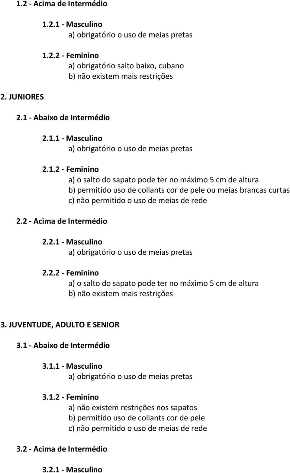 1 - Abaixo de Intermédio 3.1.1 - Masculino 3.1.2 - Feminino a) não existem restrições nos sapatos b) permitido uso de collants cor de pele c) não permitido o uso de meias de rede 3.