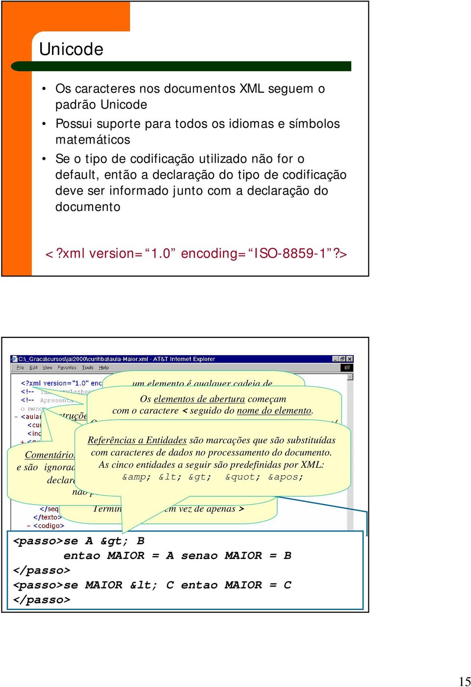 > um elemento é qualquer cadeia de caracteres Os elementos que aparece de abertura entre os caracteres começam com o caractere delimitadores < seguido < do e > nome do elemento.