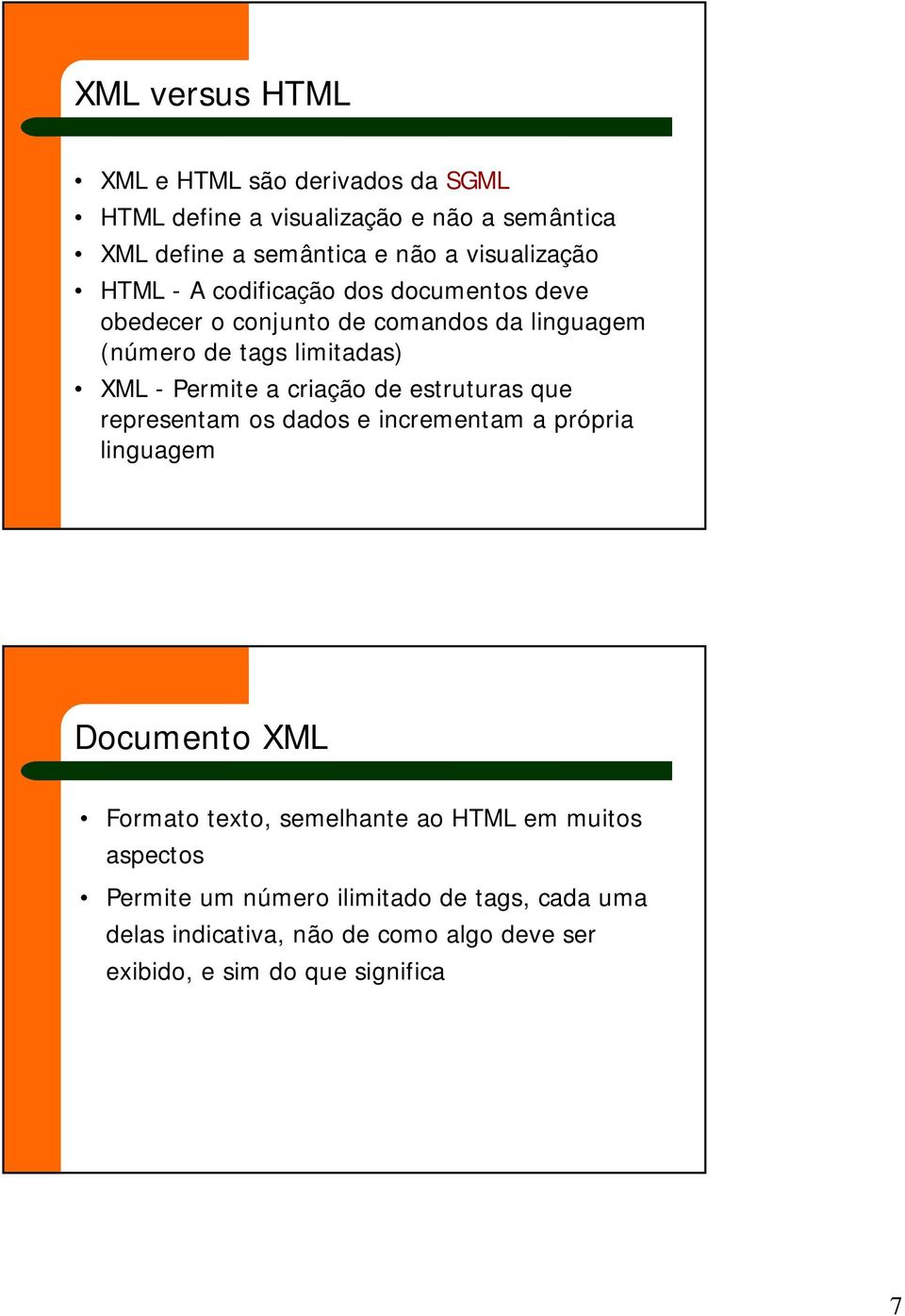 Permite a criação de estruturas que representam os dados e incrementam a própria linguagem Documento XML Formato texto, semelhante ao