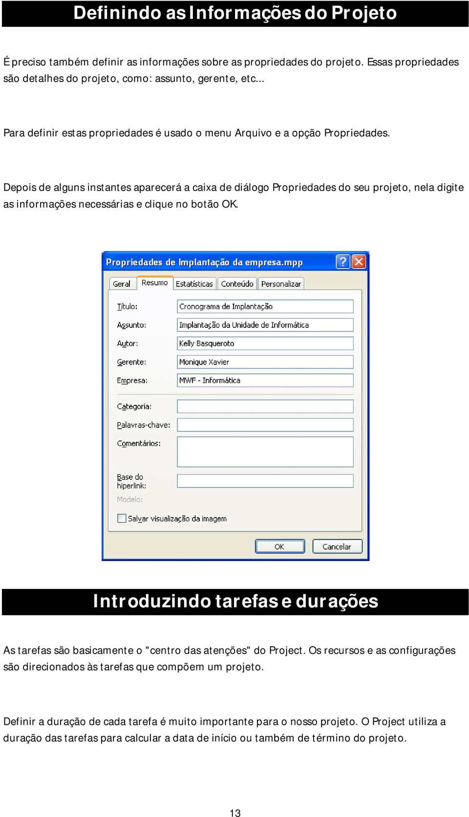 Depois de alguns instantes aparecerá a caixa de diálogo Propriedades do seu projeto, nela digite as informações necessárias e clique no botão OK.