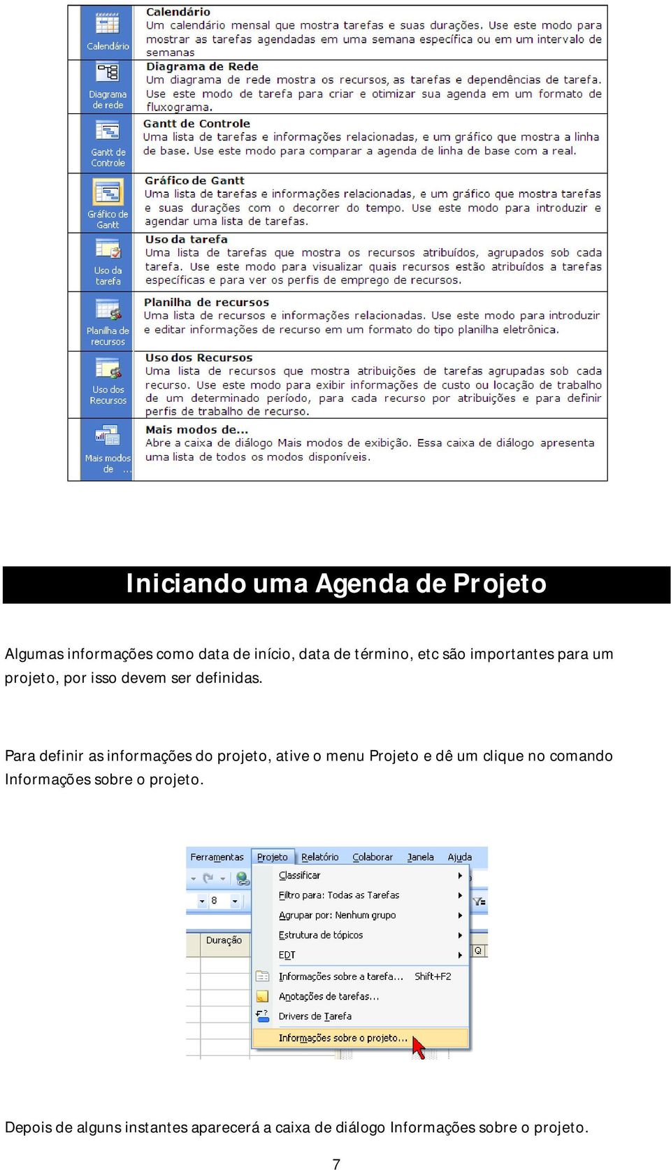 Para definir as informações do projeto, ative o menu Projeto e dê um clique no comando