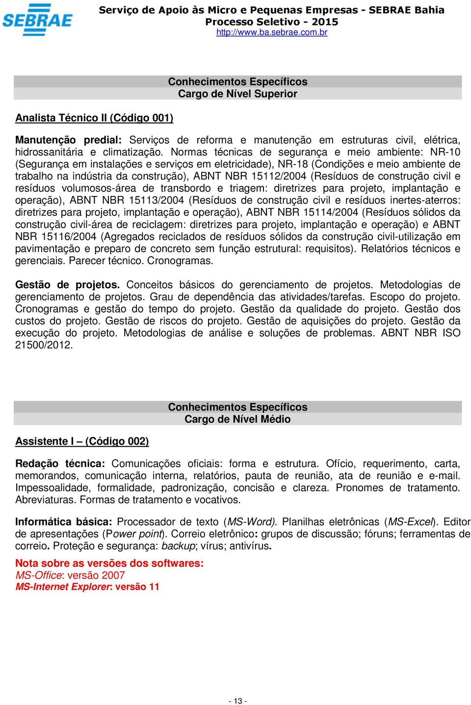 15112/2004 (Resíduos de construção civil e resíduos volumosos-área de transbordo e triagem: diretrizes para projeto, implantação e operação), ABNT NBR 15113/2004 (Resíduos de construção civil e