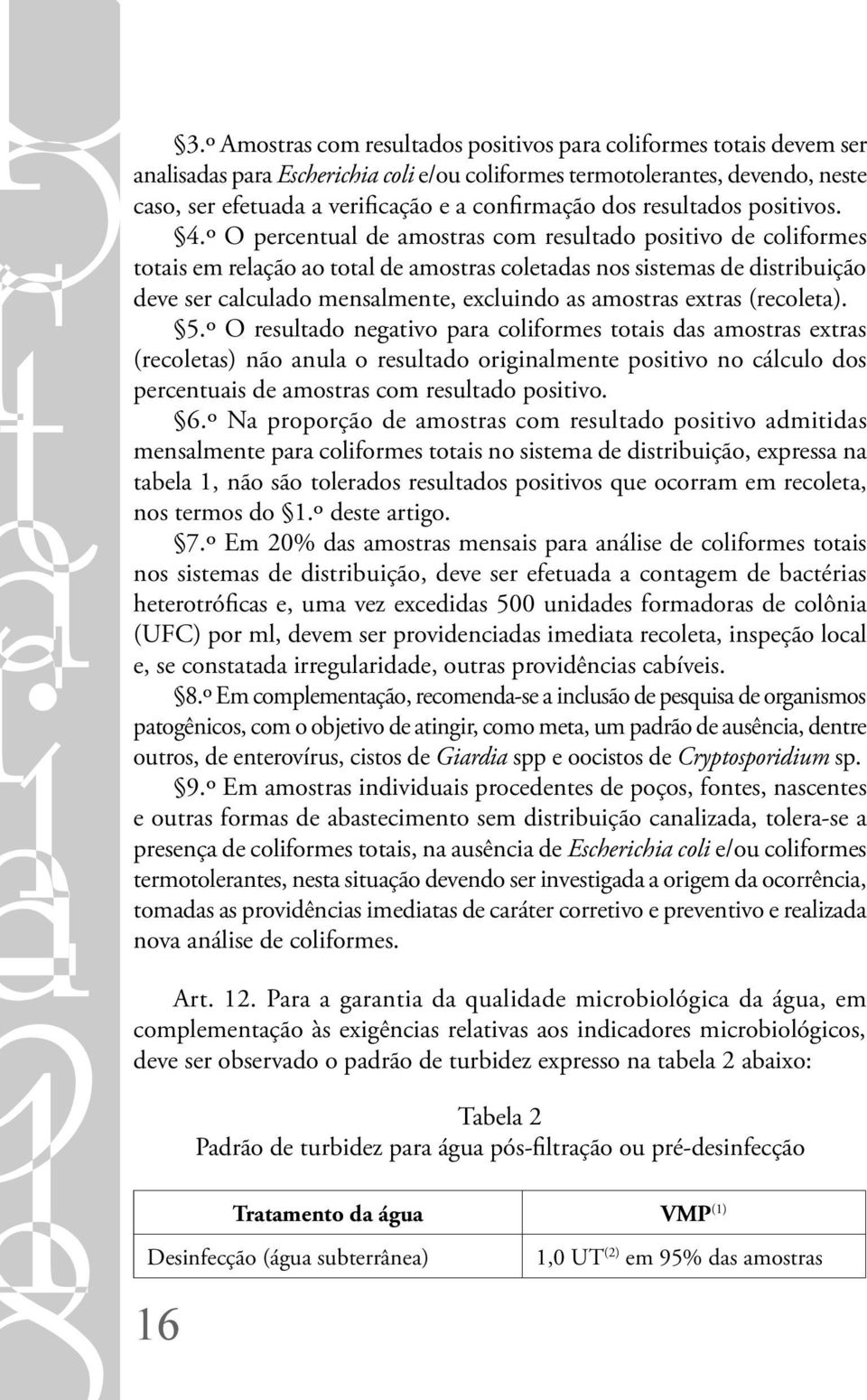 º O percentual de amostras com resultado positivo de coliformes totais em relação ao total de amostras coletadas nos sistemas de distribuição deve ser calculado mensalmente, excluindo as amostras