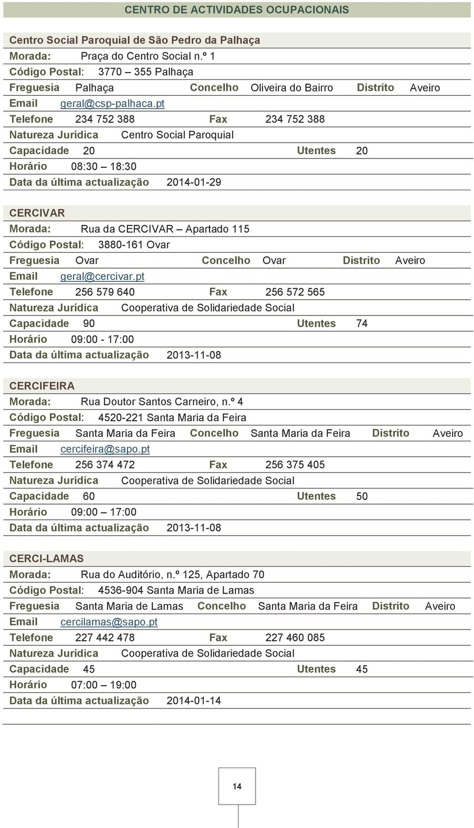 pt Telefone 234 752 388 Fax 234 752 388 Centro Social Paroquial Capacidade 20 Utentes 20 Horário 08:30 18:30 Data da última actualização 2014-01-29 CERCIVAR Morada: Rua da CERCIVAR Apartado 115