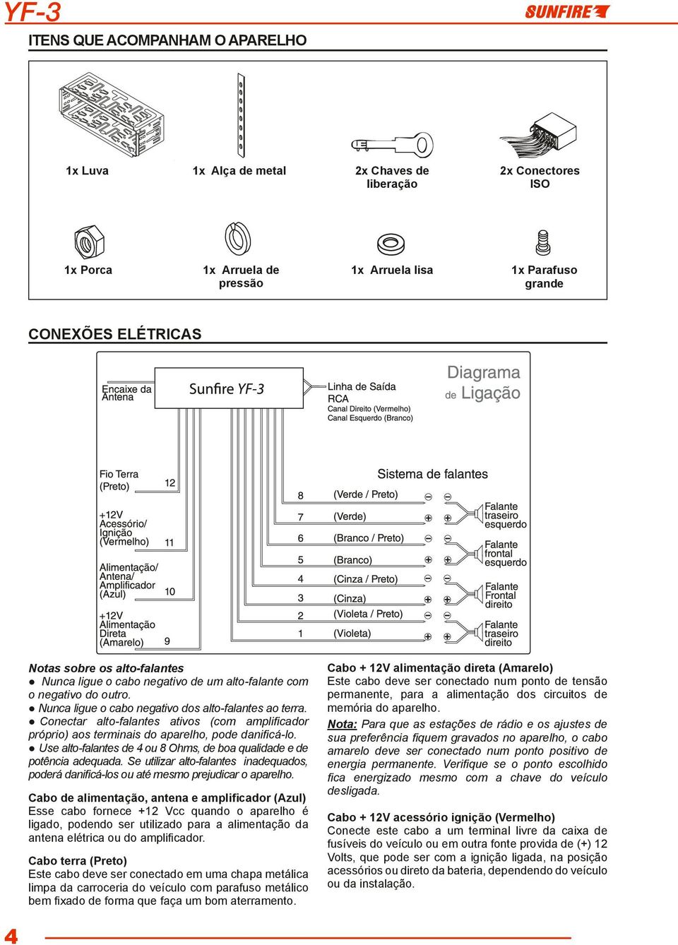 Conectar alto-falantes ativos (com amplificador próprio) aos terminais do aparelho, pode danificá-lo. Use alto-falantes de 4 ou Ohms, de boa qualidade e de potência adequada.