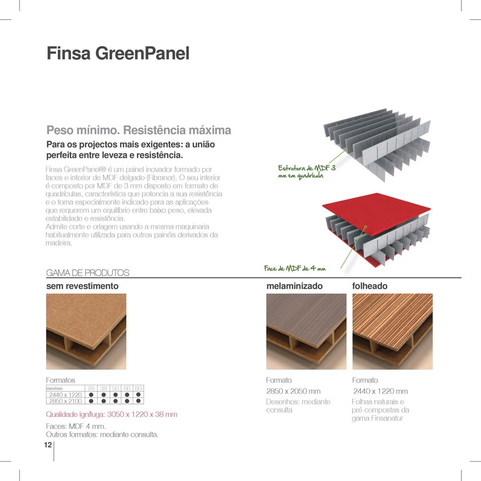 O seu interior é composto por MDF de 3 mm disposto em formato de quadrículas, característica que potencia a sua resistência e o torna especialmente indicado para as aplicações que requerem um